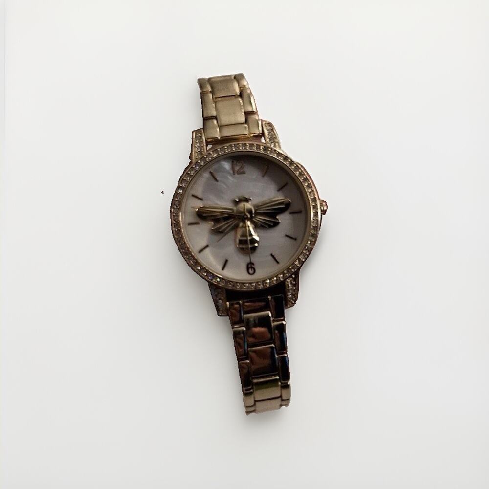 Women's Gold Tone Watch 3D Honey Bee Emblem Mother of Pearl Dial Rhinestone